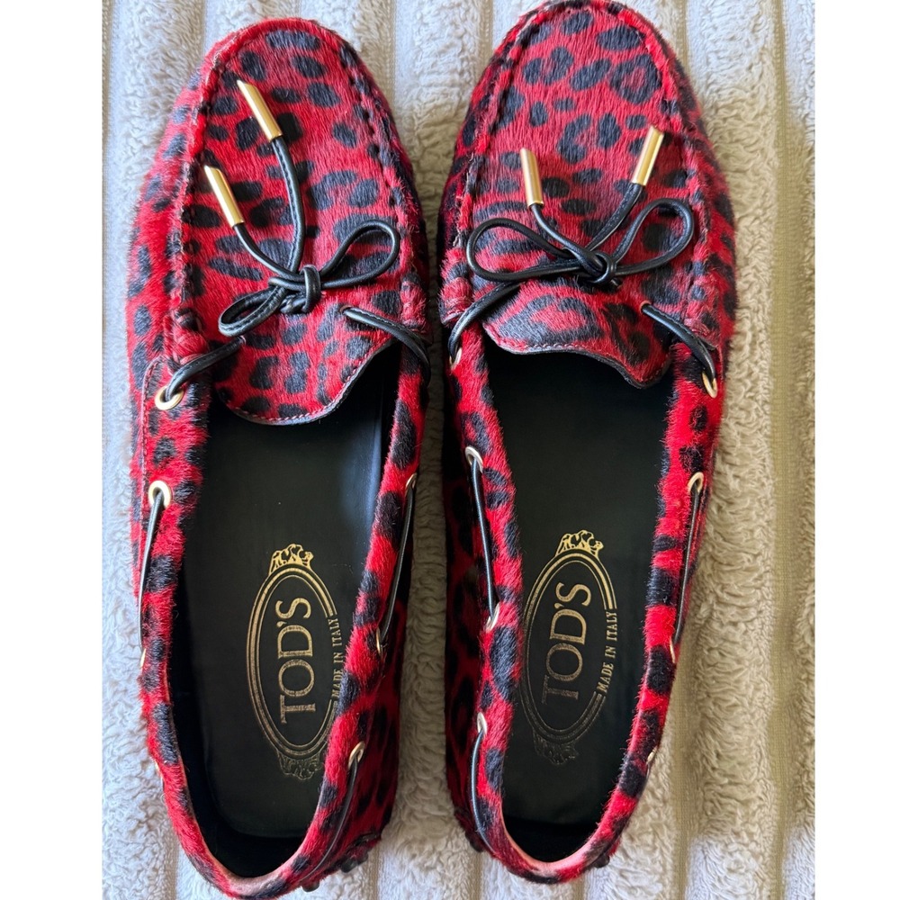 Tods Red Leopard Pony Hair Gommino Driving Loafers Womens 38 Made in Italy
